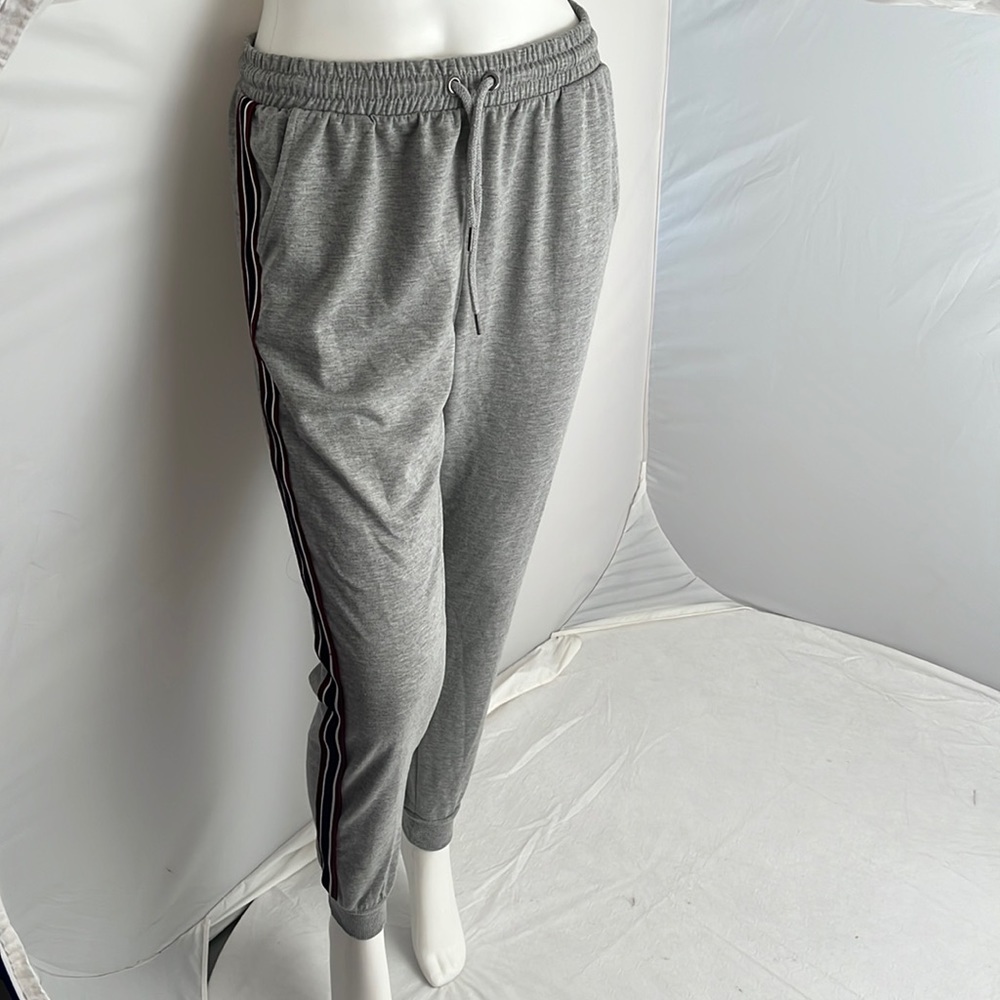 Iris gray joggers with burgundy black white contrast side stripe